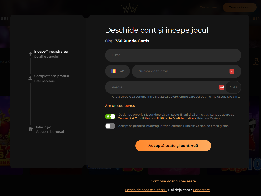 Princess Casino Online - Înregistrarea